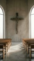 Minimalist chapel interior with wooden cross mounted on concrete wall, wooden pews on sides, arched windows with natural light, modern religious architecture for worship spaces.