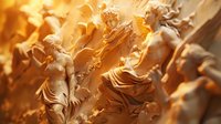 Classical marble sculptures bathed in golden sunlight creating dramatic shadows and heavenly atmosphere for luxury interior design and art concepts.