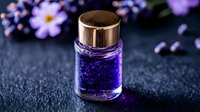 Purple liquid in glass bottle with gold cap on dark background with lavender flowers, mystical spa wellness concept for aromatherapy and natural cosmetics.