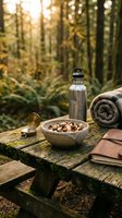 Outdoor camping breakfast setup with trail mix bowl, water bottle and blanket on wooden table in sunlit forest for hiking and wilderness adventures.