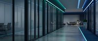 Modern office corridor with glass walls and neon lighting creating futuristic corporate interior design for business presentations and architectural concepts.