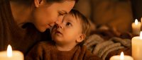Tender moment between mother and toddler son sharing intimate connection by candlelight. Warm maternal bonding scene for family lifestyle content.
