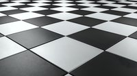 Diagonal perspective of classic black and white checkered floor pattern extending to horizon. Abstract geometric background with square tiles creates depth illusion.
