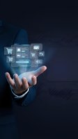 Businessman holding glowing e-commerce interface with shopping cart icons and checkout screen, digital retail and online payment technology concept.