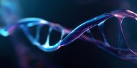 Glowing DNA strand with blue and purple illumination on dark background, representing genetic science and biotechnology research.