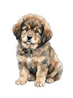 Adorable brown and tan puppy with fluffy coat sitting and looking upward, isolated on white background. Perfect for pet-related designs, greeting cards, and children's illustrations.