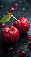 Fresh ripe cherries with water drops on dark background, macro photography. Perfect for food packaging, restaurant menus, and healthy lifestyle marketing materials.