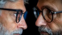 Close up profile view of two senior Caucasian men with gray beards and glasses facing each other in dramatic lighting, representing confrontation or deep conversation.