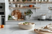 Fresh salad in ceramic bowl on marble kitchen counter with blurred modern farmhouse style kitchen background featuring wooden shelves and cookware.
