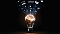 Glowing lightbulb with brain inside surrounded by floating educational technology icons on dark background representing innovation and learning.