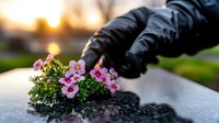Gardener in black protective gloves planting pink petunia flowers in spring garden during sunset, close up view with bokeh background and water drops.