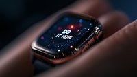 Modern smartwatch displaying motivational message on dark screen with bokeh lights, close-up view showing premium design and digital interface.