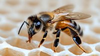 Detailed macro photograph of honey bee on honeycomb showing intricate wing patterns, compound eyes, and segmented body structure in warm amber tones. Nature education focus.