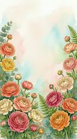 Watercolor ranunculus flowers frame with soft pastel background for wedding invitations, greeting cards and romantic designs.