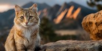 Ginger tabby cat sitting on rock at sunset with mountain range in background, golden light illuminating peaks for nature and pet photography.