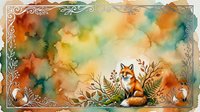 Watercolor autumn fox sitting among golden leaves and ferns with decorative ornate border frame on textured background for seasonal greeting cards.
