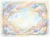 Pastel watercolor cloud frame with golden ornate border creating dreamy sky background for wedding invitations and romantic design projects.