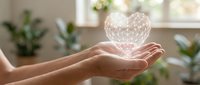 Hands holding glowing heart symbol with geometric pattern representing love, care, healthcare, charity and emotional wellness in bright indoor setting.