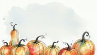 Watercolor autumn pumpkins border with orange and yellow gourds on textured background for seasonal harvest decorations and fall themed designs.