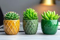 Three small succulent plants in decorative ceramic pots with diamond pattern designs in yellow, sage green, and emerald colors on wooden surface.