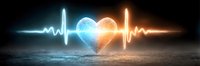 Heart-shaped planet with glowing heartbeat pulse lines in space above rocky surface. Medical cardiology concept for healthcare technology and cosmic love themes.