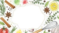 Culinary frame with herbs, spices and kitchen utensils on white background. Cooking ingredients border with copy space for recipe cards and menus.