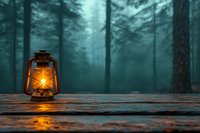 Glowing vintage oil lamp on wooden surface in misty pine forest at dusk. Atmospheric outdoor scene with warm light contrasting against cool teal background.