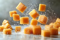 Flying golden caramel candy cubes with sprinkled sugar powder in motion against dark background. Dynamic food photography with sweet toffee pieces.