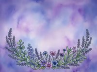 Watercolor lavender floral border frame with purple flowers and green leaves on soft violet background for wedding invitations and romantic designs.
