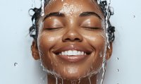 Young African American woman with radiant smile and closed eyes as water flows over her glowing, hydrated skin during skincare routine or shower.
