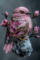 Pink fantasy bird with ornate patterned feathers perched on dark stone, surrounded by delicate pink flower buds against moody gray background.