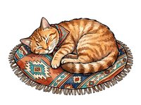 Ginger tabby cat sleeping peacefully on a decorative woven rug with geometric patterns, isolated on white background for design projects and merchandise applications.