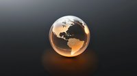 Glowing transparent glass globe showing Americas continent on dark reflective surface with dramatic lighting and golden hour atmosphere effect.