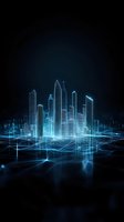 Futuristic cityscape with glowing blue wireframe skyscrapers rising from digital network grid surface, reflecting on dark background. Suitable for technology concepts.