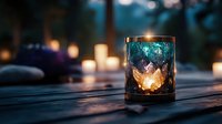 Glowing turquoise and amber candle holder on wooden surface with soft bokeh lights in background creates cozy atmospheric evening ambiance.