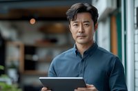 Asian businessman in blue button-down shirt holding digital tablet while standing near office window. Professional corporate portrait with soft natural lighting.