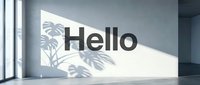 Minimalist interior with Hello text on a sunlit concrete wall, tropical plant shadow, modern empty room, natural light, clean design.