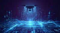 Futuristic drone flying over glowing digital landscape with data streams and circuit patterns in blue neon colors for technology concepts.