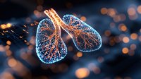 Glowing digital lungs visualization with blue and orange particle effects on dark background with bokeh lights, medical science concept for respiratory health.