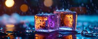 Colorful ice cubes with orange and purple lighting effects surrounded by water droplets and bokeh lights creating magical atmosphere for beverages.