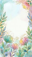 Watercolor floral frame with gold line art, pastel pink, teal, and mint flowers and leaves, copy space center for text or design.