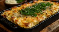 Creamy cannelloni pasta baked in cast iron pan with melted cheese, topped with fresh parsley. Golden brown crust and rich sauce create appetizing homemade Italian dish.