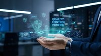Businessman hand presenting holographic quality control verified interface with digital icons and futuristic technology elements in modern office environment.