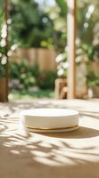White marble podium with gold accent on wooden surface in blurred garden setting with natural sunlight and shadow patterns for product display.