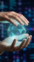Hands protecting glowing digital sphere with geometric network connections representing data security, innovation and futuristic technology concepts.