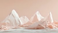 Minimalist mountain landscape in soft pink and white tones creates serene atmosphere with paper-like textured peaks against pastel background.