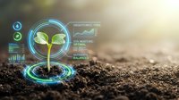 Young green seedling growing from soil with glowing digital HUD overlay showing growth rate, soil moisture, and nutrient data for smart farming concept.