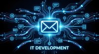 Digital email marketing concept with glowing mail icon and circuit board connections for business communication and technology solutions.