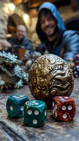 Ornate dragon-carved sphere with colorful dice on wooden table as hooded players gather for fantasy tabletop gaming session in atmospheric tavern setting.