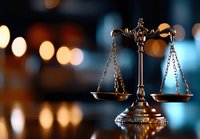 Decorative scales of justice on dark background with glowing bokeh lights, symbolizing law, justice and legal proceedings in dramatic lighting.